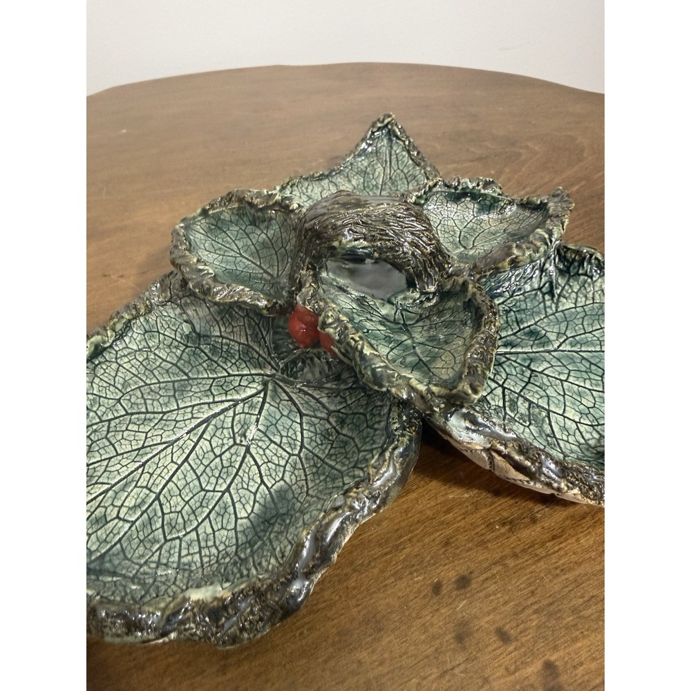Handmade Green Leaf Pottery Footed Dish Charcuterie Display With RedBerry Accent - Picture 5 of 5